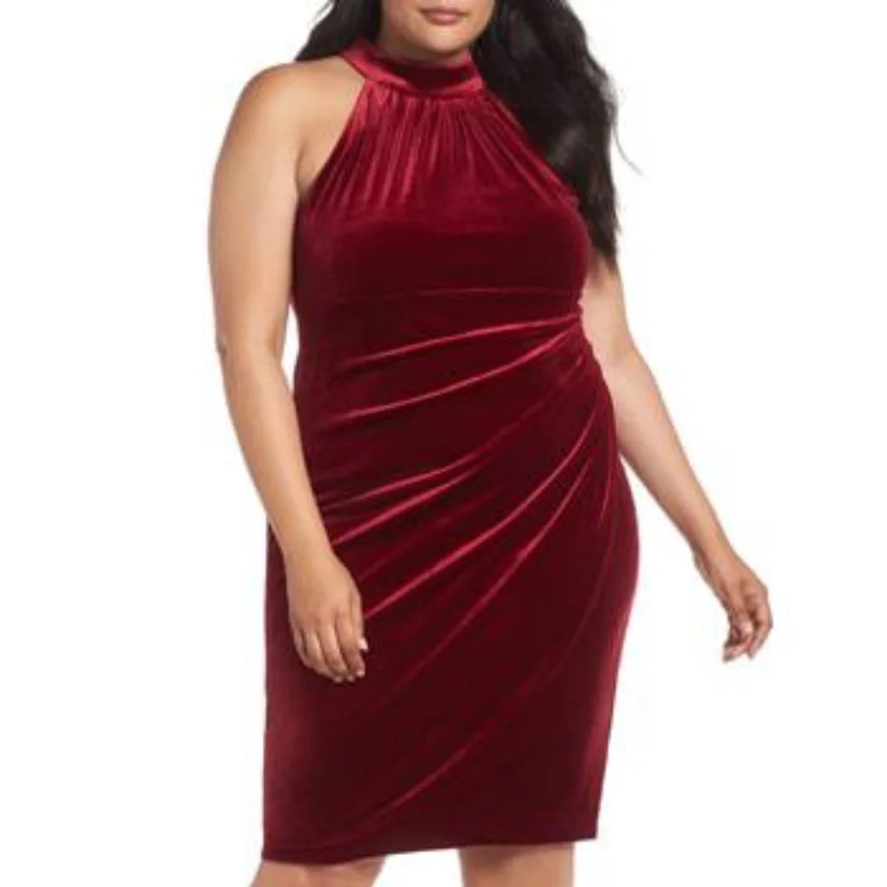 Vince Camuto Red Burgundy Velvet Halter Sleeveless Over Knee Dress 18 XXL # - Picture 13 of 13